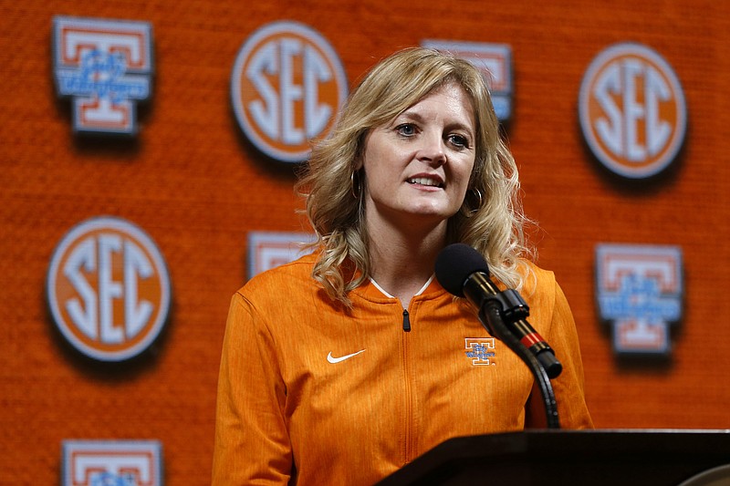 AP photo by Butch Dill / Tennessee coach Kellie Harper speaks during the SEC's media day for the 2019-20 women's basketball season on Oct. 17 in Birmingham, Ala.