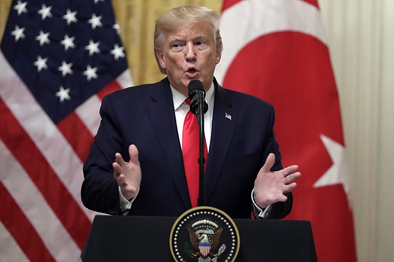 In this Nov. 13, 2019, photo, President Donald Trump speaks during a news conference with Turkish President Recep Tayyip Erdogan in the East Room of the White House in Washington. (AP Photo/ Evan Vucci)


