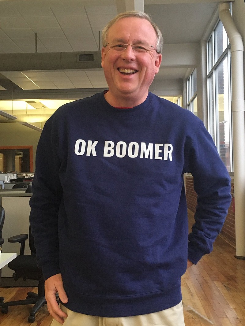 Mark Kennedy is seen wearing his "Ok Boomer" shirt in the Chattanooga Times Free Press newsroom.