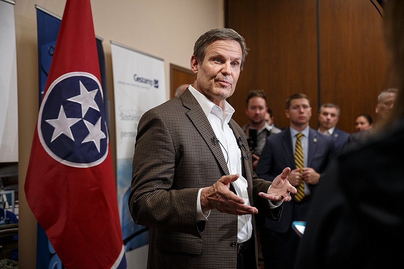 Gov. Bill Lee answers questions from the media during a visit to Gestamp Inc. on Friday, Feb. 1, 2019, in Chattanooga, Tenn. This was Gov. Lee's first visit to Chattanoga as Governor of Tennessee.