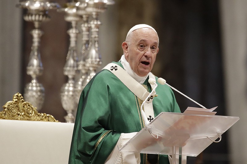 Pope Francis delivers his speech during a Mass for the closing of Amazon synod in St. Peter's Basilica at the Vatican, Sunday, Oct. 27, 2019. (AP Photo/Alessandra Tarantino)


