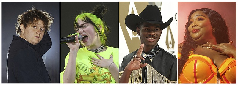 This combination photo shows, from left, Scottish singer Lewis Capaldi, Billie Eilish, rapper Lil Nas X  and Lizzo, who are predicted to earn Grammy nominations in key categories, from album of the year to record and song of the year. Nominations for the 62nd annual Grammys will be announced on Nov. 20. (AP Photo)