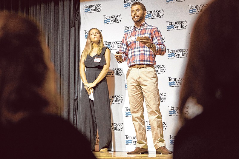 Staff photo by C.B. Schmelter / Real Roots Cafe owners Tiffany and Matthew Lake present during the pitch night for the Tennessee Valley Federal Credit Union's Second Annual Idea Leap Grant Initiative at the Bessie Smith Cultural Center Oct. 22 in Chattanooga. TVFCU awarded five grants totaling $50,000.