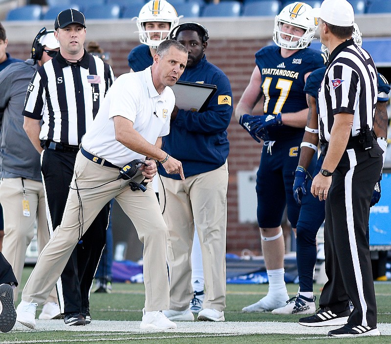 Staff Photo by Robin Rudd/  UTC head coach Rusty Wright shows his displeasure to Referee Jeff Page.  The University of Tennessee at Chattanooga Mocs hosted The Citadel Bulldogs in Southern Conference football at Finley Stadium on November 16, 2019.