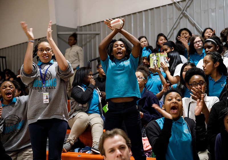 CGLA students cheer for their classmates during a pep rally to prepare for TNReady testing at Chattanooga Girls Leadership Academy on Friday, April 12, 2019, in Chattanooga, Tenn. The school holds the pep rally every year before standardized testing begins.