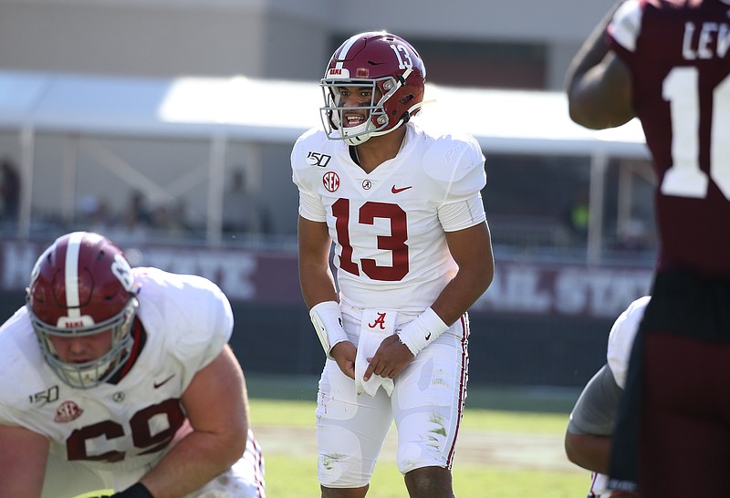 Alabama quarterback Tua Tagovailoa (13) gets ready to take a snap during the Crimson Tide's 38-7 win at Mississippi State in mid-November, which wound up being his final game of the season. / Alabama photo by Kent Gidley 