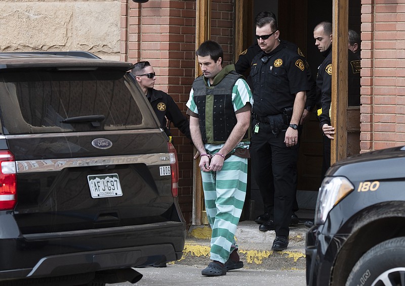 In this April 5, 2019, file photo, Teller County Sheriff deputies lead Patrick Frazee out of the Teller County Courthouse in Cripple Creek, Colo. The murder trial of a Colorado rancher accused of beating his fiancée to death while their 1-year-old daughter was nearby is coming to an end with jurors expected to hear closing arguments on Friday, Nov. 15, 2019. Then it will be up to the jury to decide whether to convict Patrick Frazee of killing 29-year-old flight instructor Kelsey Berreth and burning her body. (Christian Murdock/The Gazette via AP, File)