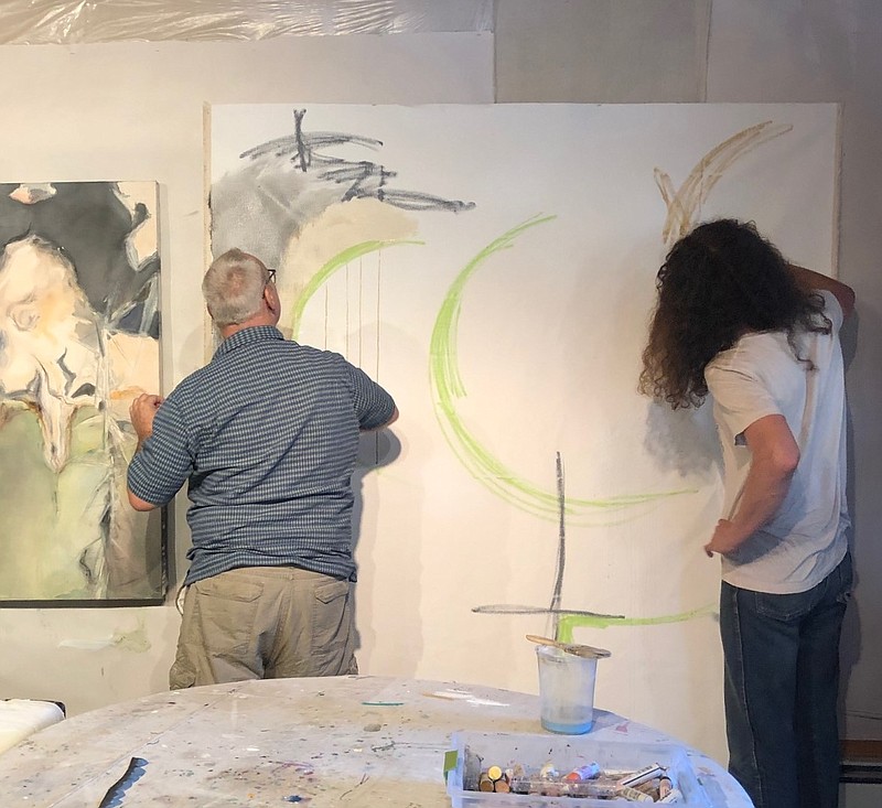 Byron Keith Byrd in New York studio preparing a new canvas for his October solo show. Studio assistant Wyatt Brenner (right) is a critical ally for Byron's larger works. / Contributed photo by Byron Keith Byrd
