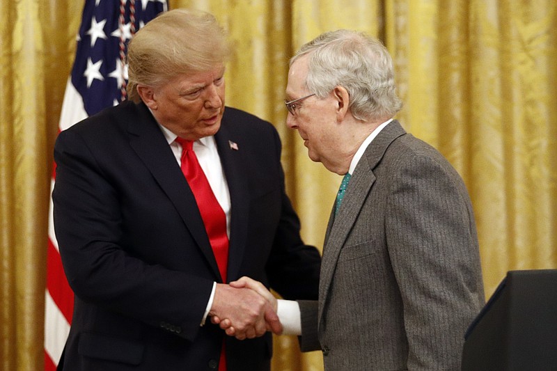 President Donald Trump shakes hands with Senate Majority Leader Mitch McConnell of Ky., in the East Room of the White House during an event about Trump's judicial appointments, Wednesday, Nov. 6, 2019, in Washington. (AP Photo/Patrick Semansky)
