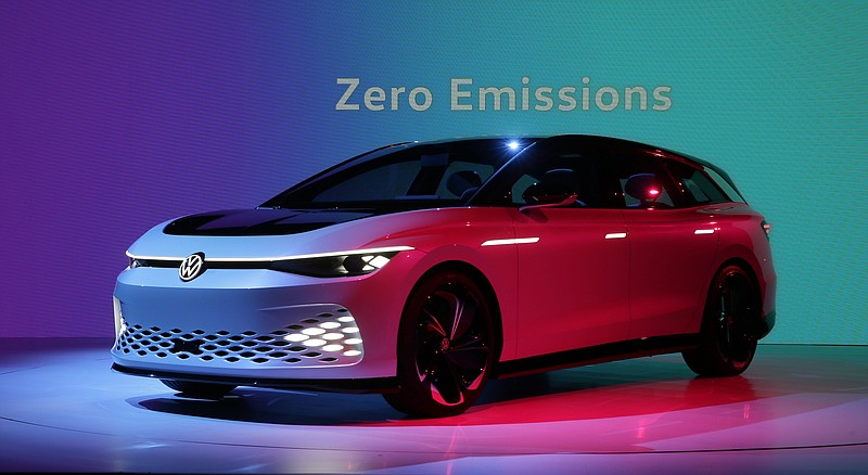 Volkswagen unveils its VW I.D. Space Vizzion autonomous electric concept wagon with "Zero Emissions" at the Petersen Automotive Museum in Los Angeles, Tuesday, Nov. 19, 2019. (AP Photo/Damian Dovarganes)
