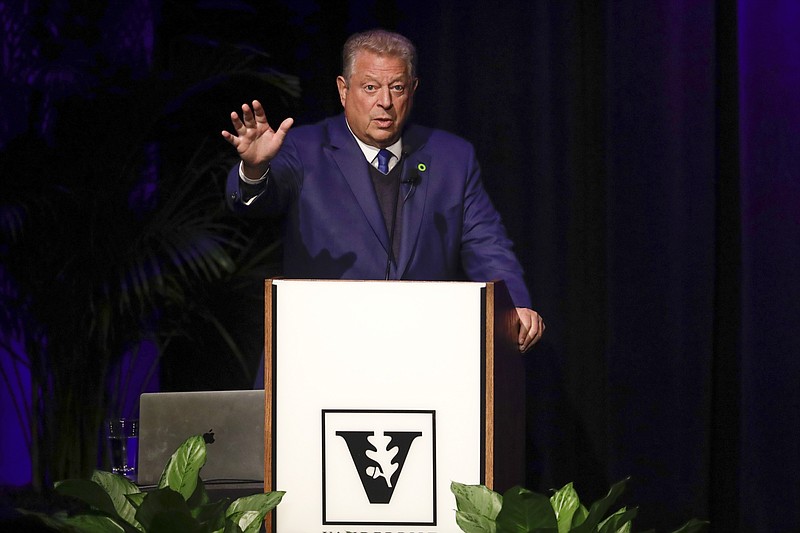 Former Vice President Al Gore speaks on climate change at Vanderbilt University as part of a worldwide event called 24 Hours of Reality: Truth in Action on Wednesday, Nov. 20, 2019, in Nashville, Tenn. (AP Photo/Mark Humphrey)