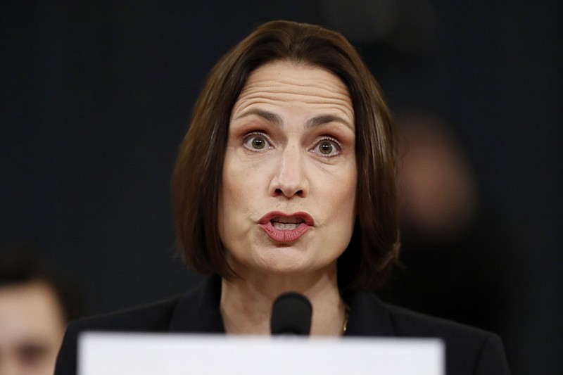 Former White House national security aide Fiona Hill testifies before the House Intelligence Committee on Capitol Hill in Washington, Thursday, Nov. 21, 2019, during a public impeachment hearing of President Donald Trump's efforts to tie U.S. aid for Ukraine to investigations of his political opponents. (AP Photo/Andrew Harnik)