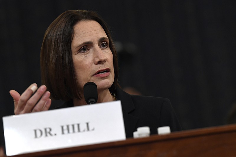 Former White House national security aide Fiona Hill testifies before the House Intelligence Committee on Capitol Hill in Washington, Thursday, Nov. 21, 2019, during a public impeachment hearing of President Donald Trump's efforts to tie U.S. aid for Ukraine to investigations of his political opponents.(AP Photo/Susan Walsh)