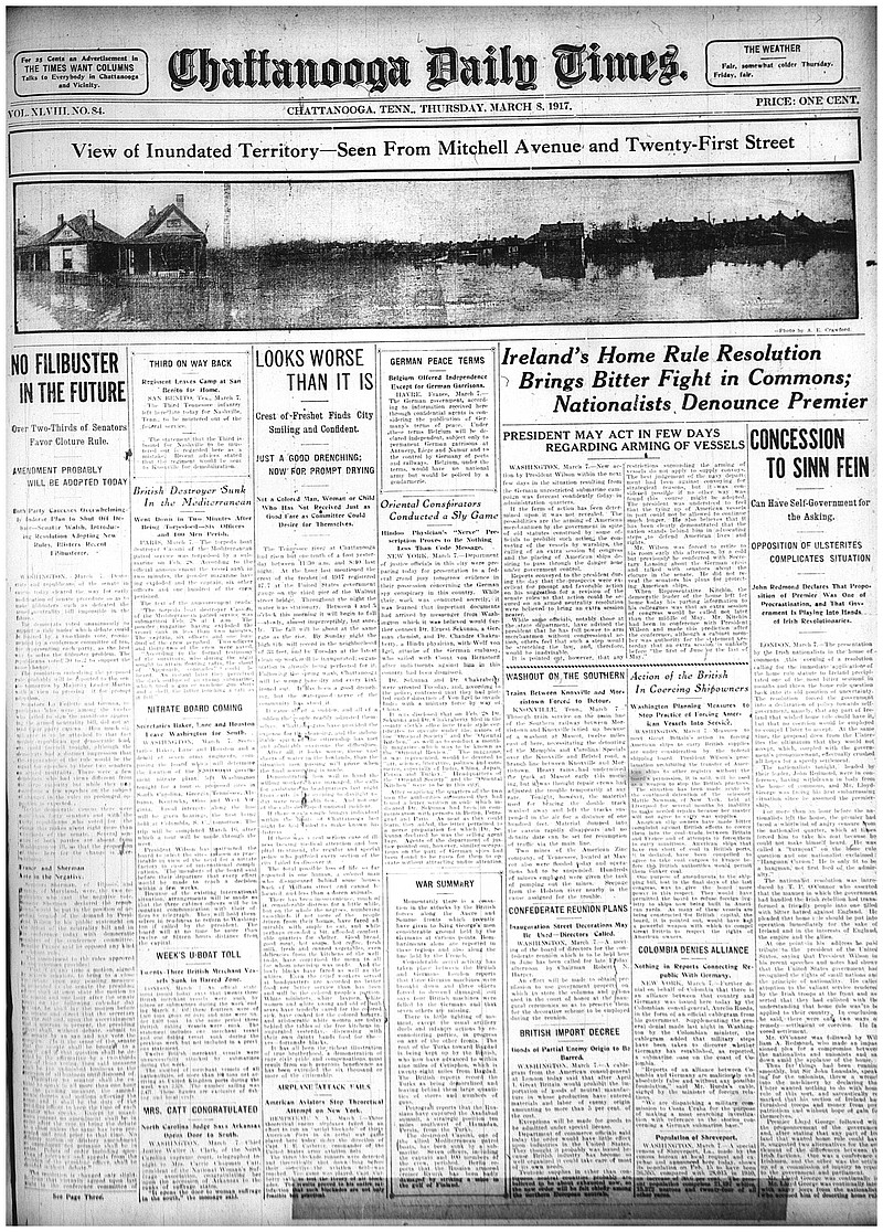 The front page of the Chattanooga Daily Times on March 8, 1917, shows destruction from flooding. / Photo provided by the Chattanooga Public Library
