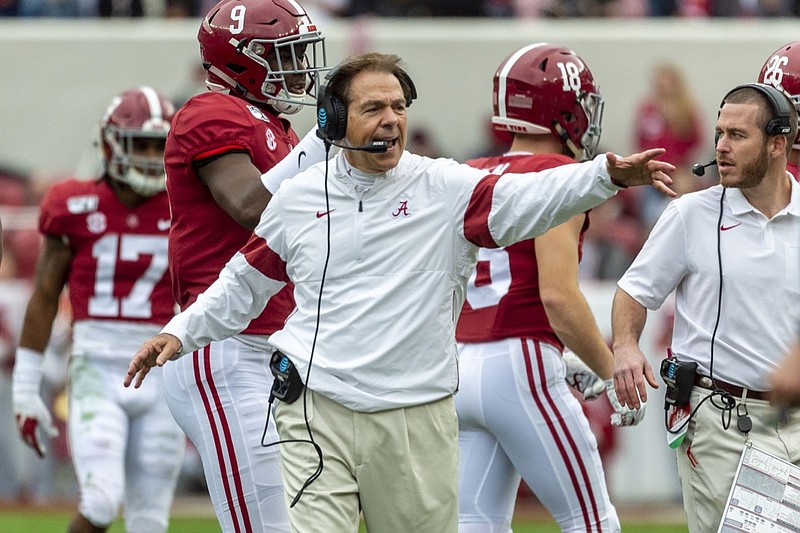 Alabama head coach Nick Saban yells to his team during the first half of an NCAA college football game against Western Carolina, Saturday, Nov. 23, 2019, in Tuscaloosa, Ala. (AP Photo/Vasha Hunt)