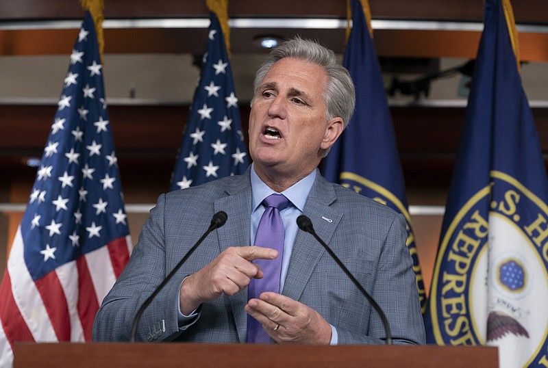 House Republican Leader Kevin McCarthy, R-Calif., speaks to reporters on the morning after the first public hearing in the impeachment probe of President Donald Trump on his effort to tie U.S. aid for Ukraine to investigations of his political opponents, on Capitol Hill in Washington, Thursday, Nov. 14, 2019. (AP Photo/J. Scott Applewhite)