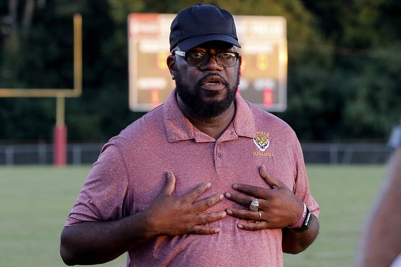 Staff photo by C.B. Schmelter / Howard coach John Starr gestures on the sideline during their game against Brainerd at Eddie Lambert Field at Brainerd High School on Friday, Aug. 30, 2019, in Chattanooga, Tenn.