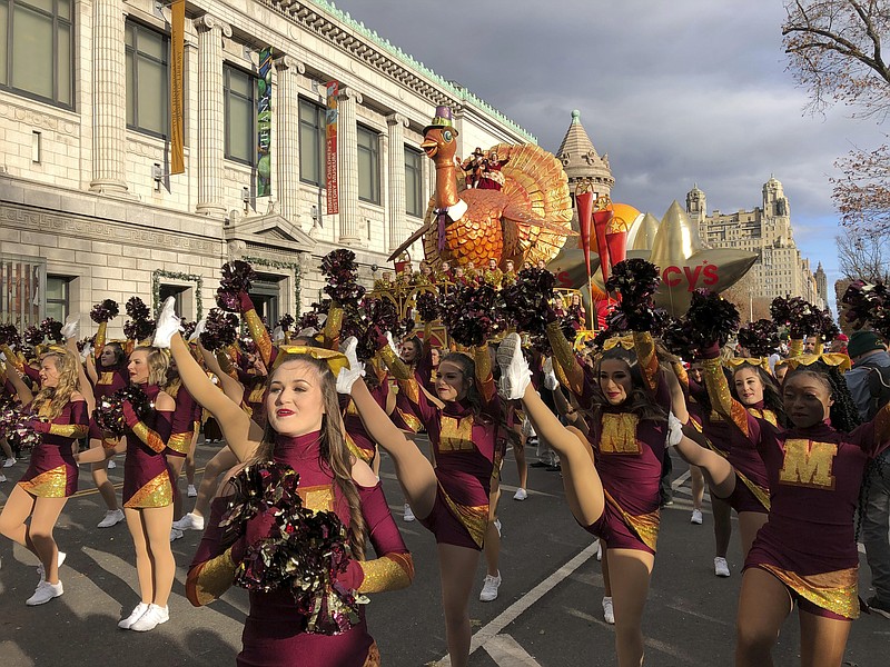 Members of the Texas State University dance team perform at the start of the Macy's Thanksgiving Day Parade, Thursday, Nov. 28, 2019, in New York. (AP Photo/Mark Lennihan)