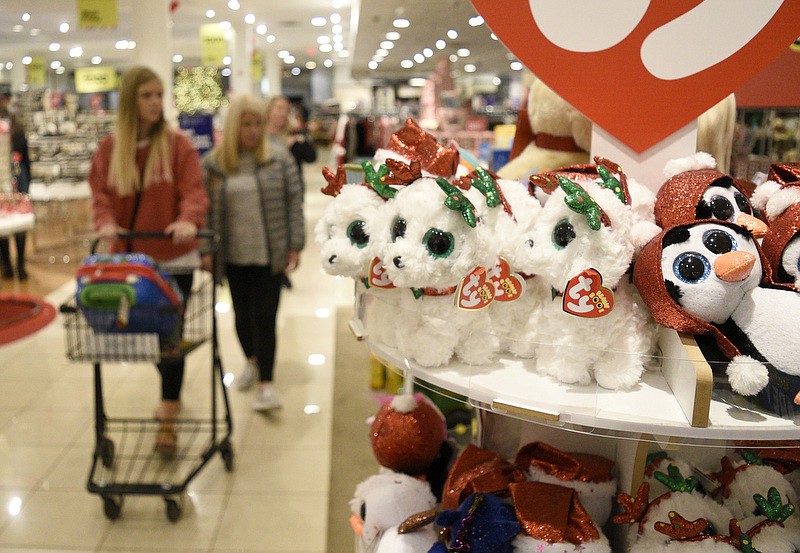 Staff Photo by Robin Rudd/  Holiday Beanie Babies highlight a display at Belks.  Black Friday shopping kicked off early at Hamilton Place and other area stores on November 29, 2019.  