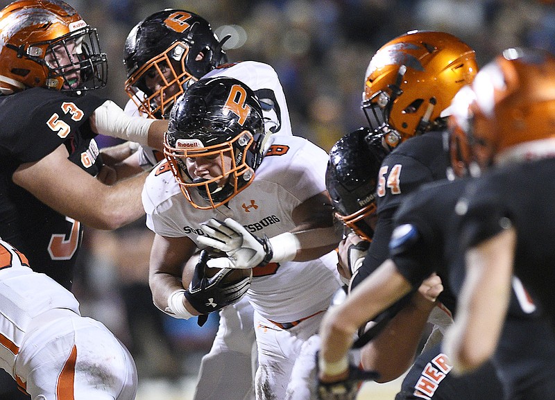 Staff Photo by Robin Rudd / South Pittsburg's Brett Nelson breaks through the Greenback defensive line for a touchdown during a TSSAA Class 1A semifinal Friday night at Greenback.