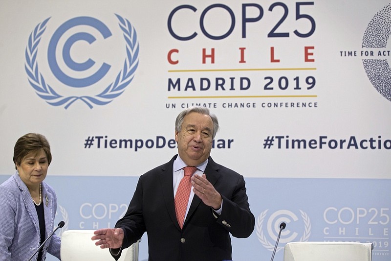 UN Secretary-General Antonio Guterres arrives for a news conference at the COP25 summit in Madrid, Spain, Sunday, Dec. 1, 2019. This year's international talks on tackling climate change were meant to be a walk in the park compared to previous instalments. But with scientists issuing dire warnings about the pace of global warming and the need to urgently cut greenhouse gas emissions, officials are under pressure to finalize the rules of the 2015 Paris accord and send a signal to anxious voters. (AP Photo/Paul White)
