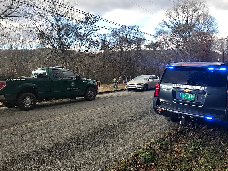 Emergency responders are pictured at a scene in Rhea County where a man died while paddling on Richland Creek.