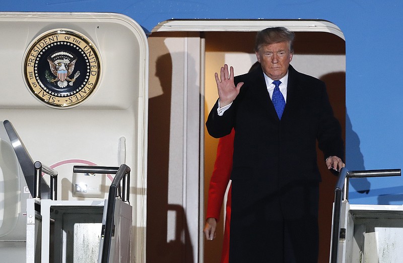 U.S. President Donald Trump and U.S. first lady Melania Trump arrive at Stansted Airport in England, Monday, Dec. 2, 2019. US President Donald Trump will join other NATO heads of state at Buckingham Palace in London on Tuesday to mark the NATO Alliance's 70th birthday. (AP Photo/Frank Augstein)

