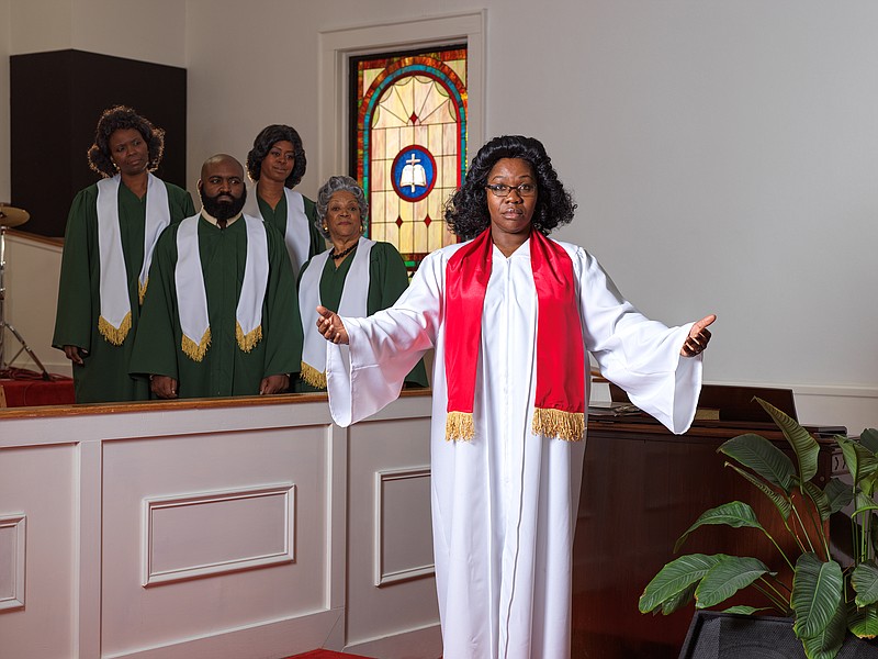 Photo by Brad Cansler / Marsha Mills, at right, makes her Chattanooga Theatre Centre debut as Sister Margaret, the embattled pastor of "The Amen Corner." Also appearing, from left, are Teara King, Travis Johnson, LaKeysha Nolan and Patricia Pruett-Starks.