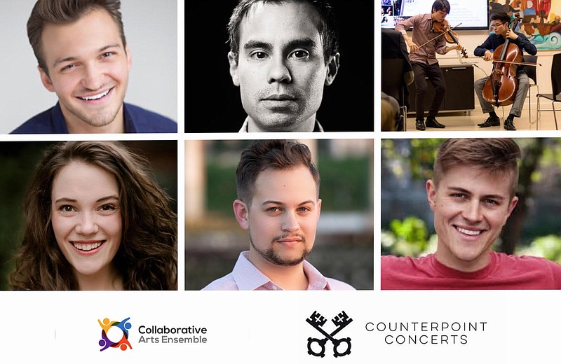 Collabortive Arts Ensemble Contributed Image / Among musicians participating in the Counterpoint Concert will be top row, from left, Daniel McGrew, Tim Hinck and Arkai string duo. Bottom row, from left, are Elaine Daiber, Thomas West and Philip Stoddard.