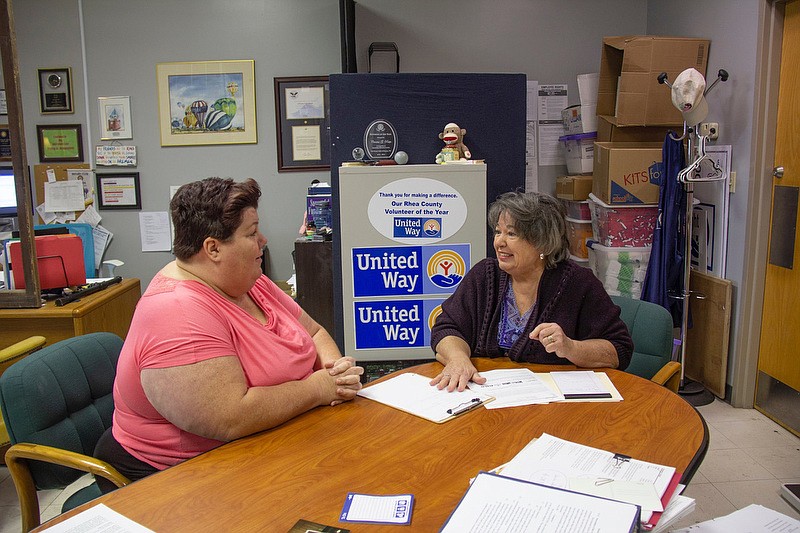 Photo by Rebecca Hazen / Mary "Sandra" Sugden, left, and Ralph talk about volunteer opportunities at the Rhea County United Way in Dayton. Sugden and her husband donate to the Rhea County United Way and plan to keep helping in the future, now that theye been helped through the Neediest Cases Fund. 