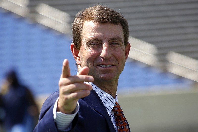 Clemson football coach Dabo Swinney will try to lead the Tigers, who are 12-0 this season, to a fifth straight ACC championship when they take on Virginia in the league title game Saturday in Charlotte, N.C. / AP file photo by Chris Seward