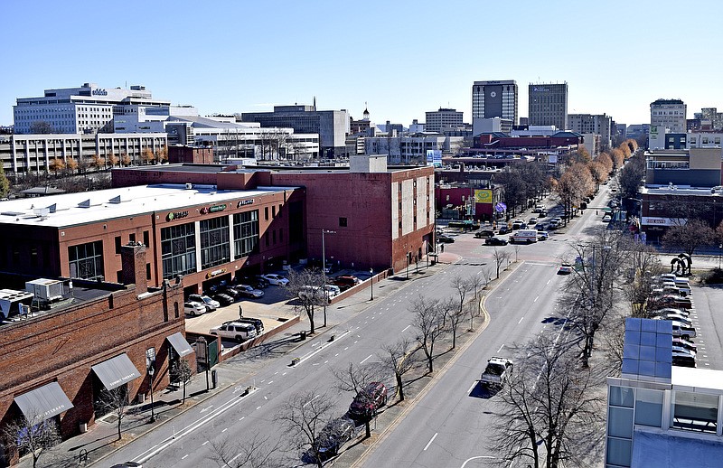 Staff Photo by Robin Rudd/  Downtown Chattanooga is seen in this view looking south along Broad Street from a parking garage.  RiverCity Co. is hiring consultants to help study ways to energize the riverfront from Fourth Street to the River, including Hawk Hill. The area was photographed on December 5, 2019.  