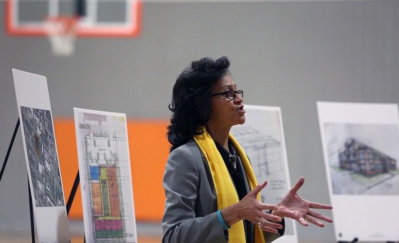 Staff photo by Erin O. Smith / Chattanooga Girls Leadership Academy Executive Director Elaine Swafford speaks about the efforts to establish a new charter school in Highland Park during a community meeting Tuesday, December 3, 2019 in Chattanooga, Tennessee. The school would be a Montessori-style elementary school for both boys and girls in grades Pre-K through 5th.