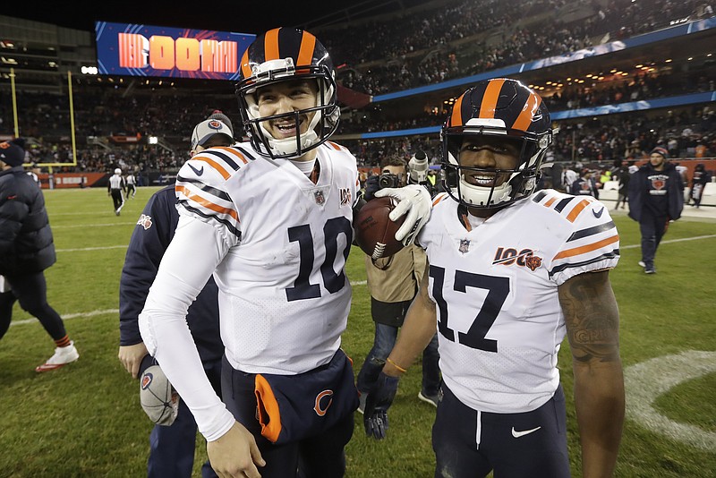 Chicago Bears quarterback Mitchell Trubisky, left, and wide receiver Anthony Miller connected for a touchdown pass during Thursday night's 31-24 home win against the Dallas Cowboys. / AP Photo by Morry Gash
