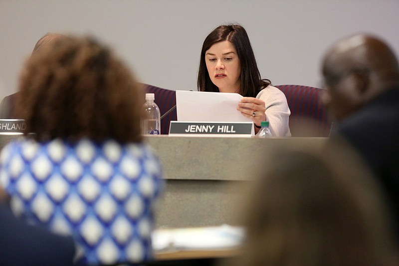 During a school board meeting, Hamilton County Schools board member Jenny Hill asks for more clarification regarding a policy about teachers tutoring students outside of school for extra money Thursday, July 11, 2019 at the Hamilton County Department of Education in Chattanooga, Tennessee. 