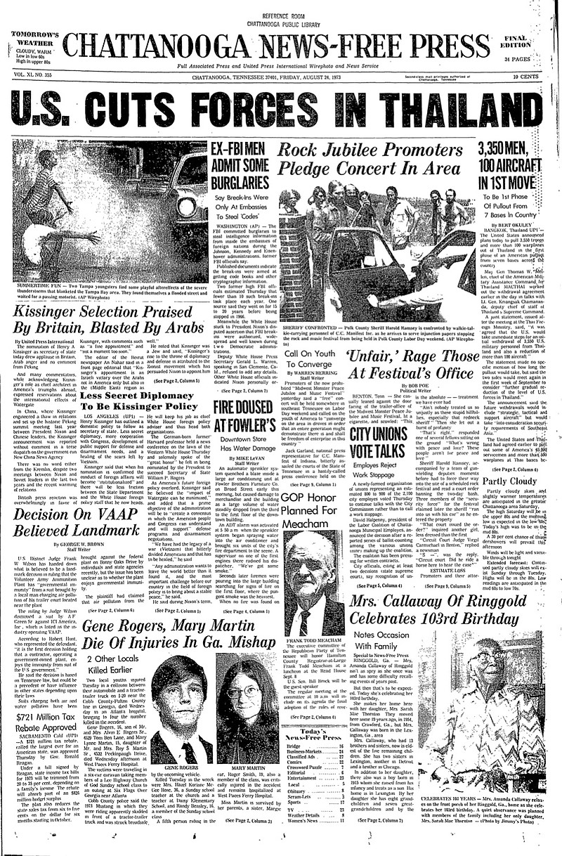 This copy of front page of the Aug. 24, 1973, edition of the Chattanooga News-Free Press includes a story on plans for the two-day, round-the-clock Midwest Monster Peace Jubilee and Music Festival that was planned for Labor Day weekend in Polk County, Tenn., in 1973. Just days prior to when the event was to have been staged a few miles north of Benton, a court handed down a temporary injunction stopping the festival, which was expected to draw at least 100,000 people.