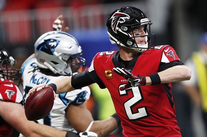 Atlanta Falcons quarterback Matt Ryan prepares to pass during Sunday's home win against the Carolina Panthers. / AP Photo by John Bazemore