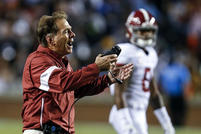 Alabama head coach Nick Saban reacts to a personal foul call during the second half of an NCAA college football game against Auburn Saturday, Nov. 30, 2019, in Auburn, Ala. (AP Photo/Butch Dill)