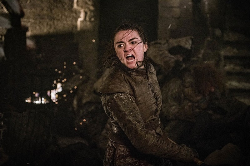 This image released by HBO shows Maisie Williams as Arya Stark in a scene from "Game of Thrones." It was neither Jon Snow nor Daenerys who won the climactic Battle of Winterfell on “Game of Thrones.” It was Arya Stark, who bravely launched herself at The Night King and stabbed the White Walker leader, ending his reign of terror and turning the Army of the Dead into frozen dust. (Helen Sloan/HBO via AP)