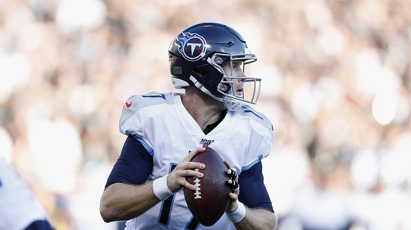 Tennessee Titans quarterback Ryan Tannehill against the Oakland Raiders during an NFL football game in Oakland, Calif., Sunday, Dec. 8, 2019. (AP Photo/D. Ross Cameron)