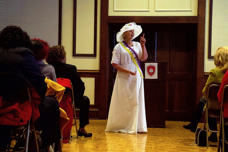 Staff photo by Wyatt Massey / Local historian Linda Moss Mines speaks at the Human Rights Day celebration at St. Paul's Episcopal Church on Dec. 11, 2019. Mines dressed as Abby Crawford Milton, a local women's suffrage advocate, to honor the nearing 100th anniversary of the 19th Amendment. 

