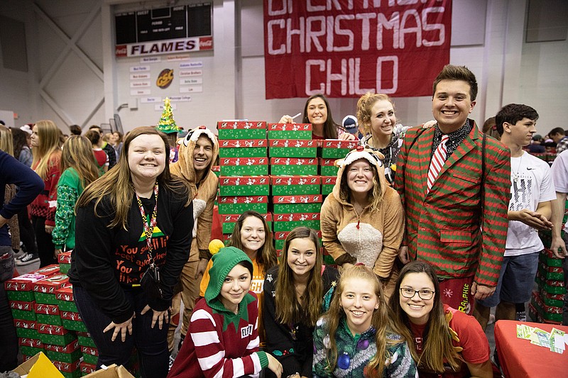 Contributed photo / Lee University students are pictured participating in the annual Operation Christmas Child Pack 'n' Stack party.