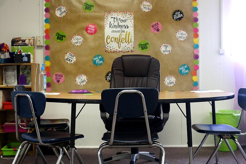 Staff photo by Erin O. Smith / One of the portable classrooms is decorated for a class at Barger Academy Thursday, December 5, 2019 in Chattanooga, Tennessee. Several portables sit behind the main school building.