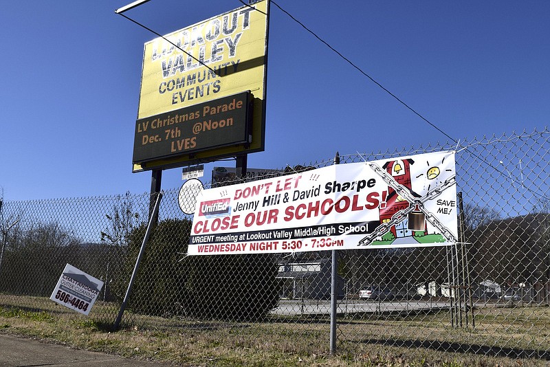 Staff Photo by Robin Rudd/ A sign on Browns Ferry Road near Interstate 24 supports keeping schools in Lookout Valley open. The sign was photographed on December 4, 2019.