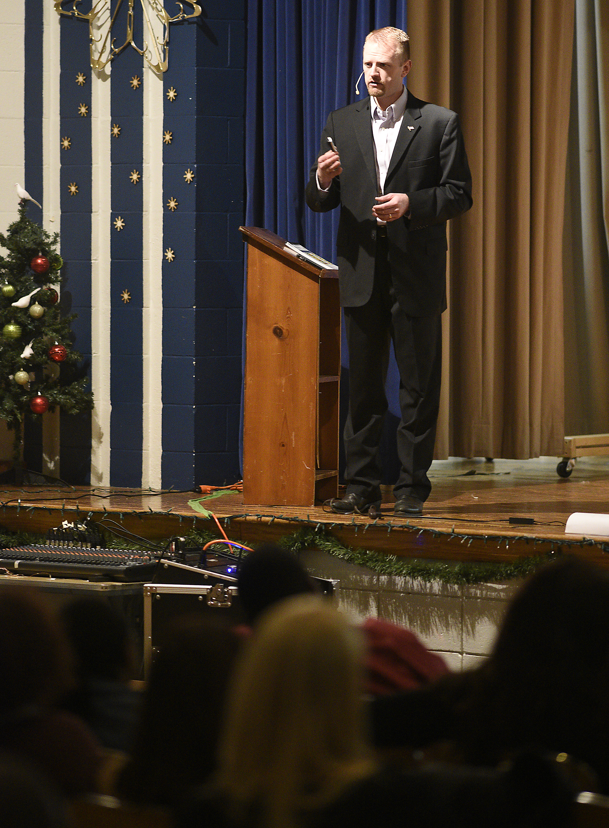 Staff Photo by Robin Rudd/ Dan Schmidt, of MGT Consulting Group, outlines the facilities plan. MGT Consulting Group hosted one of it's five community meeting at Dalewood Middle School on December 5, 2019.