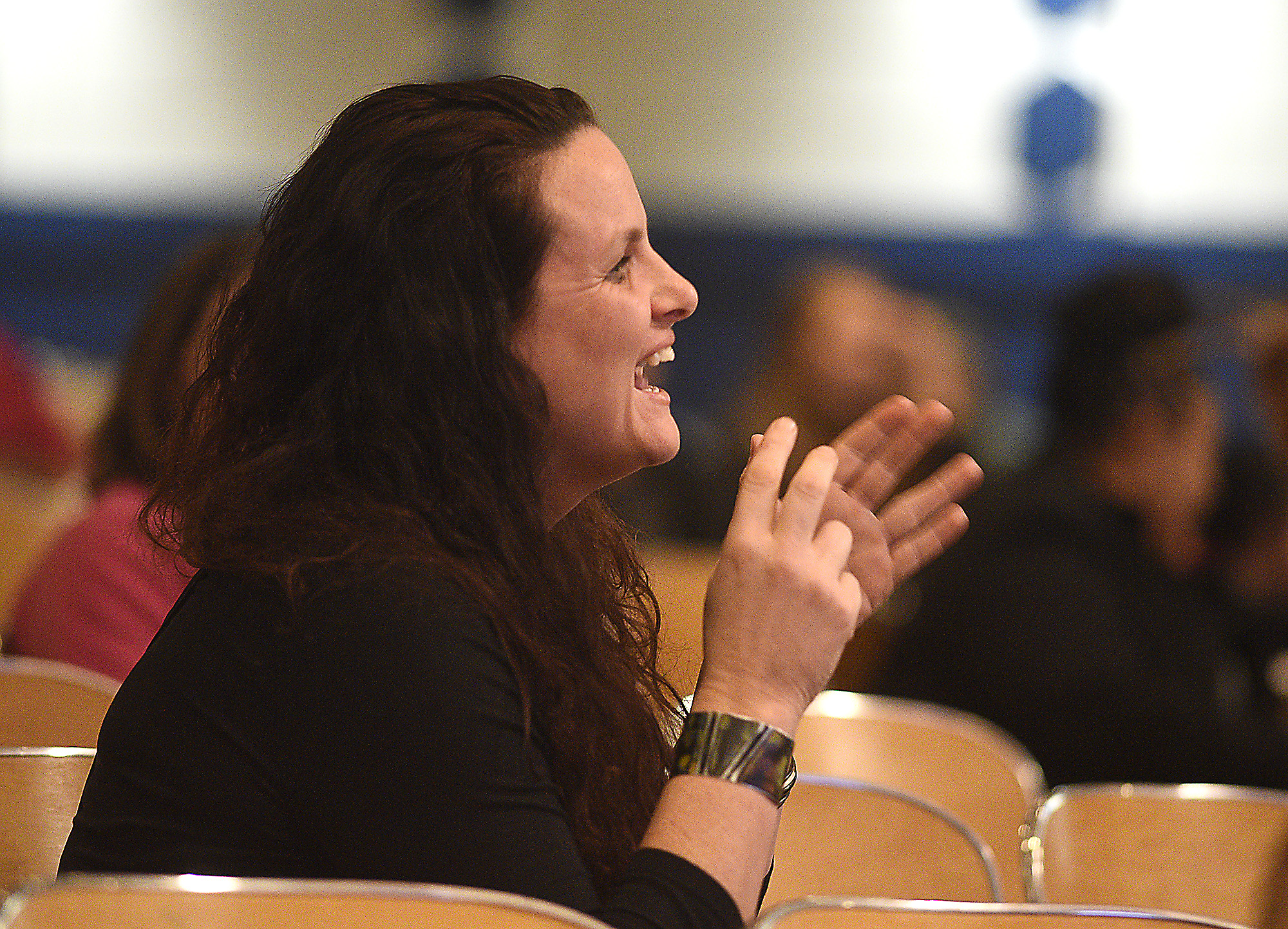 Staff Photo by Robin Rudd/ Nicole McCamish injects some humor in her question. MGT Consulting Group hosted one of it's five community meeting at Dalewood Middle School on December 5, 2019.