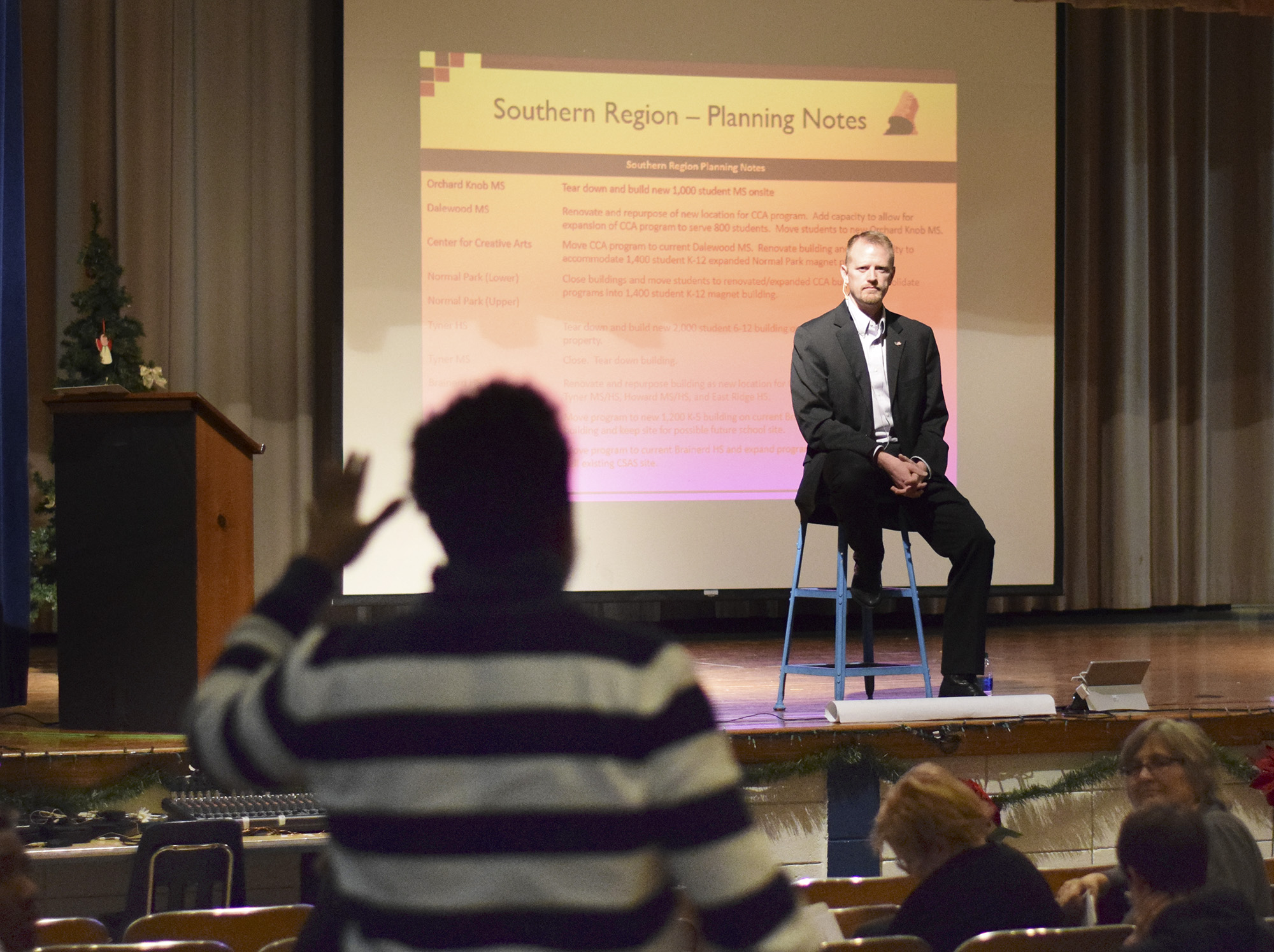 Staff Photo by Robin Rudd/ Dan Schmidt, of MGT Consulting Group, listens to a attendee's question. MGT Consulting Group hosted one of it's five community meeting at Dalewood Middle School on December 5, 2019.