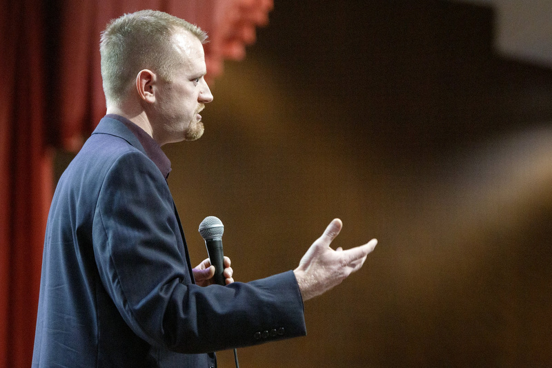 Staff photo by C.B. Schmelter / Dan Schmidt, director of MGT's Education Consulting Group, speaks during a community meeting in the David H. Crawford Theatre at Lookout Valley Middle/High School on Wednesday, Dec. 4, 2019 in Chattanooga, Tenn.