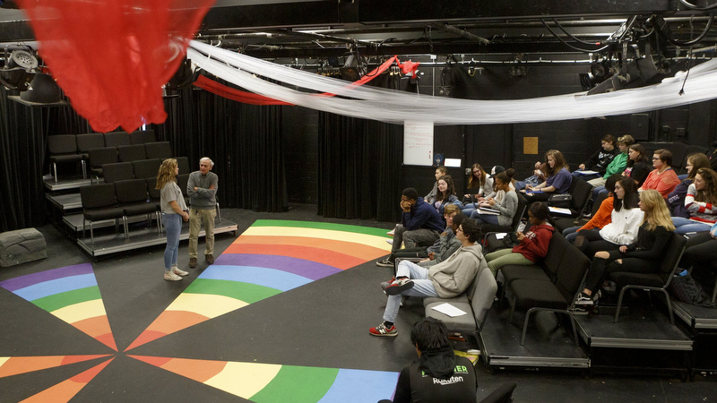 Staff photo by C.B. Schmelter / Ray Laliberte, standing right, works with a student inside the Black Box Theatre at Chattanooga Center for Creative Arts on Tuesday, Dec. 10, 2019 in Chattanooga, Tenn.