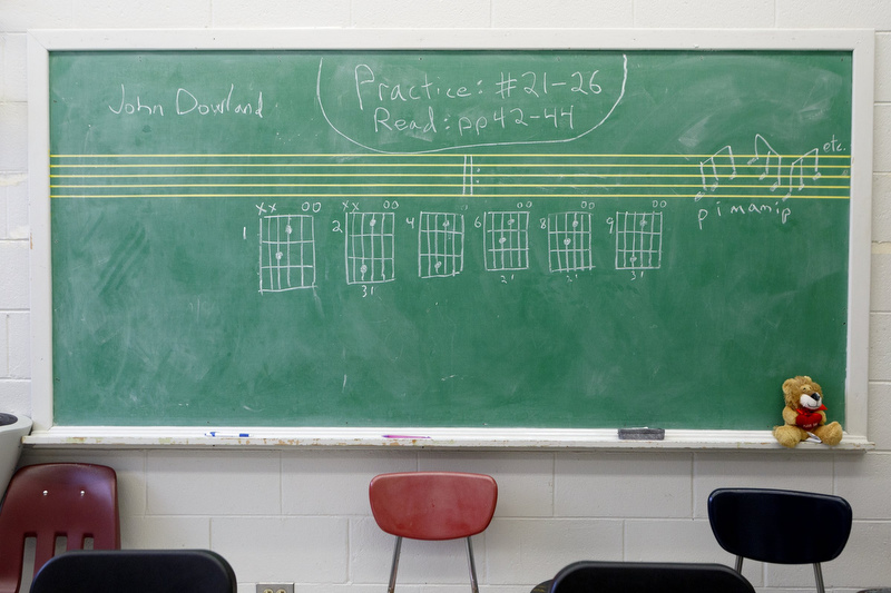Staff photo by C.B. Schmelter / The chalkboard inside the guitar classroom is seen at Chattanooga Center for Creative Arts on Tuesday, Dec. 10, 2019 in Chattanooga, Tenn.